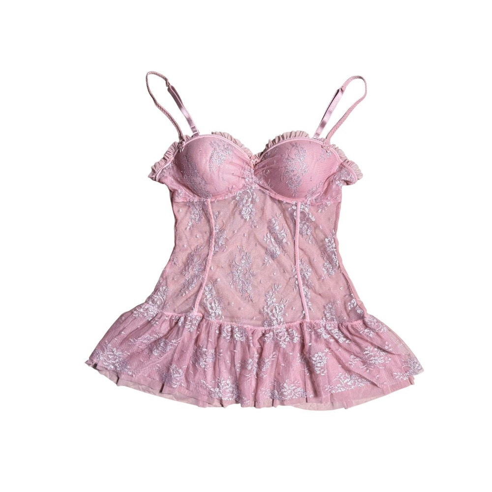 Victoria's Secret Angels Pink Silver Floral Lace Babydoll